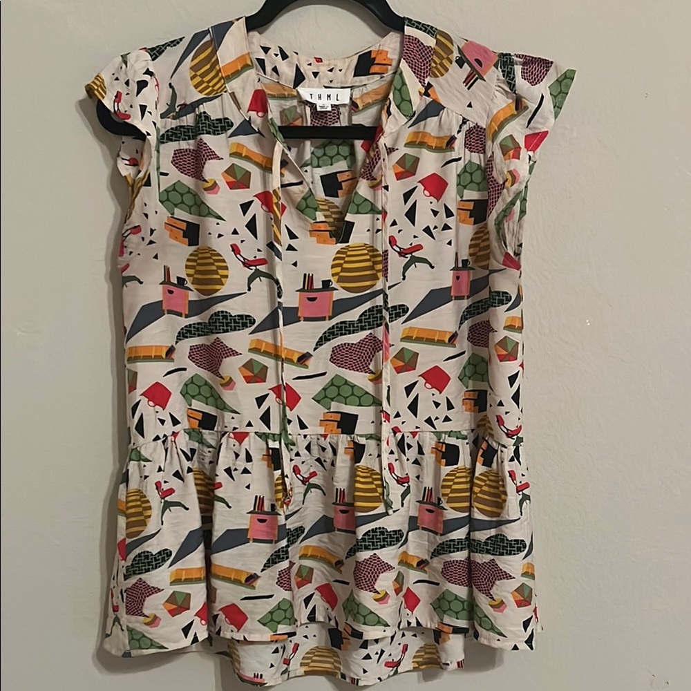 THML Anthropologie Office Print Flutter Sleeve Top. Size S